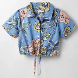CrayonFlakes Rayon Woven Half Sleeves Floral Printed Shirt Style Crop Top - Blue-image-25