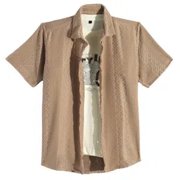 Charchit Cotton Blend Woven Half Sleeves Geometric Embroidered Shirt & Tee Set - Khaki-picture-26