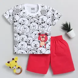 blushh berry Cotton Knit Half Sleeves Cute Teddy Bears Printed Tee & Shorts Set - White-picture-23