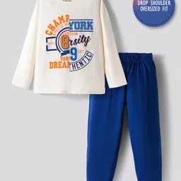 Primo Gino 100% Cotton Knit Full Sleeves Night Suit With Text Print - White & Blue-picture-30