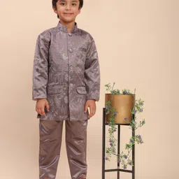 P-MARK Satin Woven Full Sleeves Floral Embroidered Sequins Embellished Jodhpuri Coat & Pant Set - Mauve-picture-14