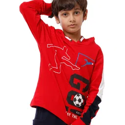 Under Fourteen Only Full Sleeves Football Printed Hooded Light Winter Sweatshirt - Red-picture-14