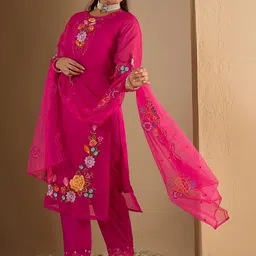 Indo Era Women Floral Embroidered Regular Thread Work Kurta with Trousers & With Dupatta image 2