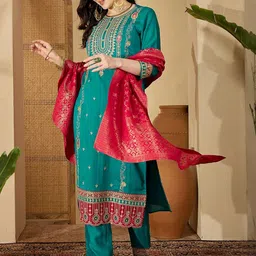 Sangria Floral Embroidered Round Neck Thread Work Kurta With Trousers & Dupatta-picture-36