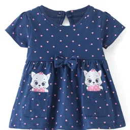 Babyhug Cotton Jersey Knit Half Sleeves Frock With Bloomer Kitty & Heart Print - Navy Blue image 2