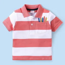 Babyhug Cotton Lycra Knit Half Sleeves Striped T-Shirt & Shorts Set with Crayon Print - Coral & Blue image 2
