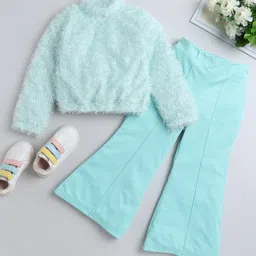Taffykids Fur Full Sleeves Party Sweatshirt With Solid Pant Set - Green & Aqua Blue image 4