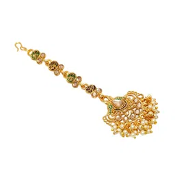 Anouk Gold-Plated Kundan Studded & Pearls Beaded Enamelled Maang Tikka image 3