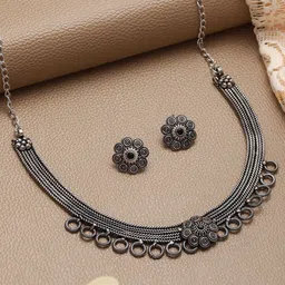Anouk Oxidised Stone Studded Floral Jewellery Set image 1