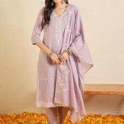 Indo Era Women Floral Embroidered Regular Thread Work Pure Cotton Kurta with Trousers & With Dupatta-picture-35