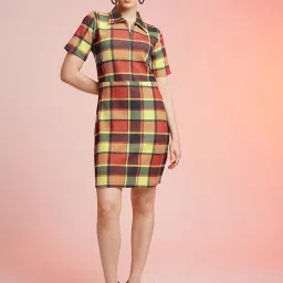 SELVIA Rust & Yellow Checks Bodycon Dress image 1