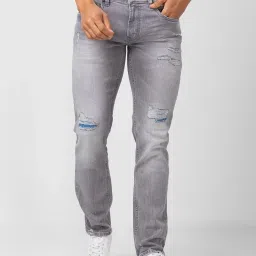 Spykar Grey Cotton Regular Fit Distressed Jeans image 1