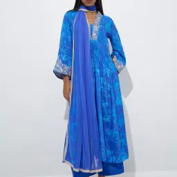 Vark by Westside Blue Printed A-Line Kurta, Palazzos and Dupatta Set image 1