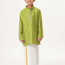 Ramraj Boys Parrot Green & Cream Self Full Sleeves Kurta Sets-picture-38