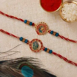 eCraftIndia Set of 2 Multi Lord Shrinathji & Peacock Rakhis with Sibling Agreement & Roli Chawal image 4