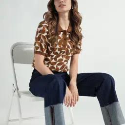 Elle Women Brown Geometric Pattern Collar Pure Cotton T-Shirt image 4