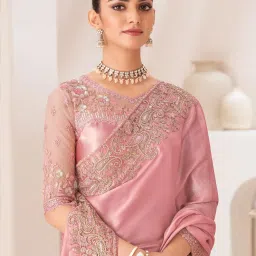 Saree Mall Pink Chiffon Embellished Saree with Blouse Piece image 1