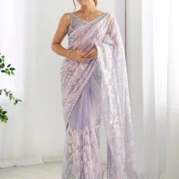 Saree Mall Lavendar Net Embellished Saree with Blouse Piece image 1