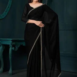 Saree Mall Black Crepe Embellished Saree with Blouse Piece image 1