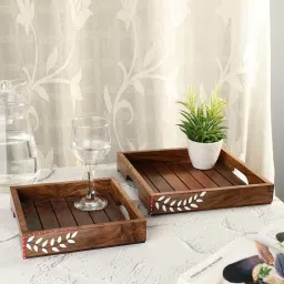 VarEesha Snow Leaf Brown Sheesham Wood Serving Tray - Set of 2 image 1