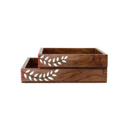 VarEesha Snow Leaf Brown Sheesham Wood Serving Tray - Set of 2 image 2