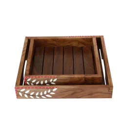 VarEesha Snow Leaf Brown Sheesham Wood Serving Tray - Set of 2 image 3