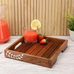 VarEesha Snow Leaf Brown Sheesham Wood Square Serving Tray image 1