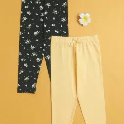 Bumzee Kids Yellow & Black Cotton Floral Leggings Pack Of 2-image-62