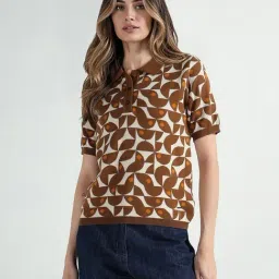 Elle Women Brown Geometric Pattern Collar Pure Cotton T-Shirt image 1