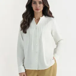 Elle Women White Solid Band Collar Pure Cotton Top-picture-16