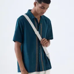 ETA by Westside Teal Embroidered Relaxed-Fit Cotton Shirt-image-89