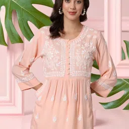 PARAMOUNT CHIKAN Peach Hand Embroidered Chikankari Straight Kurti image 1