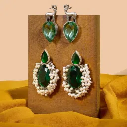 Zaveri Pearls Set of 2 Green Dazzling Stones Fusion Wear Drop Earrings-ZPFK18313 image 1