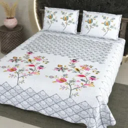 Living Roots Floral Grey 300 TC Cotton Bedsheet with 2 Pillow Covers image 1