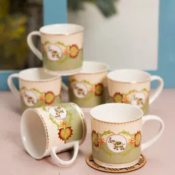 JCPL Printed Green Ceramic Tea Cups- Set of 6 (200 ml each) image 1