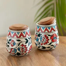ExclusiveLane White & Brown Ceramic Persian Floral Air-Tight Storage Container - Set of 2 image 1