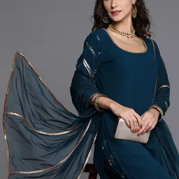 Libas Women Blue Sequinned Detail Kurta with Palazzos & Dupatta-picture-26