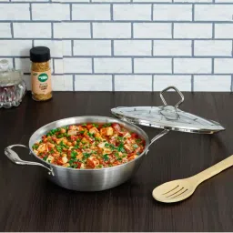 Femora Stainless Steel Tri-ply Deep Frying Kadhai Pan with Zero Non-Stick Coating with Glass Lid image 1