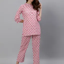 jaipur kurti Women White Ethnic Printed Cotton Loungewear Set with Side Pockets image 1