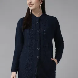 Cayman Navy Wool Self Design Cable Knit Cardigan image 1