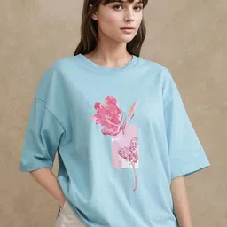 RAREISM Women Floral Printed Round Neck Cotton Oversized T-shirt-image-99