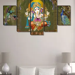 Livin'luxe Olive Green & Purple 5 Pieces Wooden Lord Ganesha Painting Wall Art-picture-13
