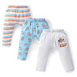 Babyhug Cotton Knit Full Length  Diaper Pants Striped & Fox Printed Pack of 3 - Grey & Blue-image-48