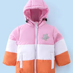 Babyhug Woven Full Sleeves Hooded Jacket Solid Colour - Pink White & Orange image 1
