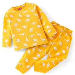 Babyhug Cotton Knit Full Sleeves Dino Printed Night Suit - Yellow-picture-28