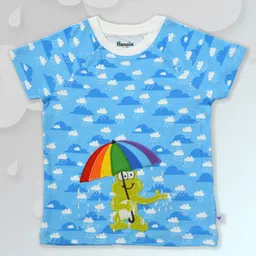 Pranava 100% Organic Cotton Half Sleeves Frog Embroidered Tee - Sky Blue-picture-19