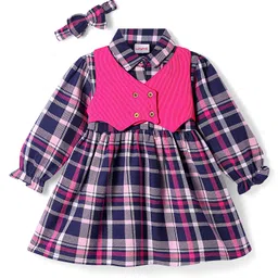 Babyhug Cotton Woven Full Sleeves Checks Frock With Attached Shrug & Headband - Pink & Navy Blue image 1