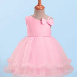 Babyhug Mesh Woven Sleeveless Tiered Party Dress with Bow Applique & Pearl Detailing - Pink-picture-12