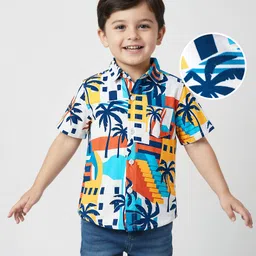 Babyhug Cotton Knit Half Sleeves Shirt With Tropical Theme Print - White-picture-35