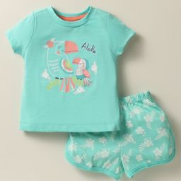 Zero Sinker Knit Half Sleeves Shorts Night Suit With Bird & Floral Print - Sea Green-picture-18